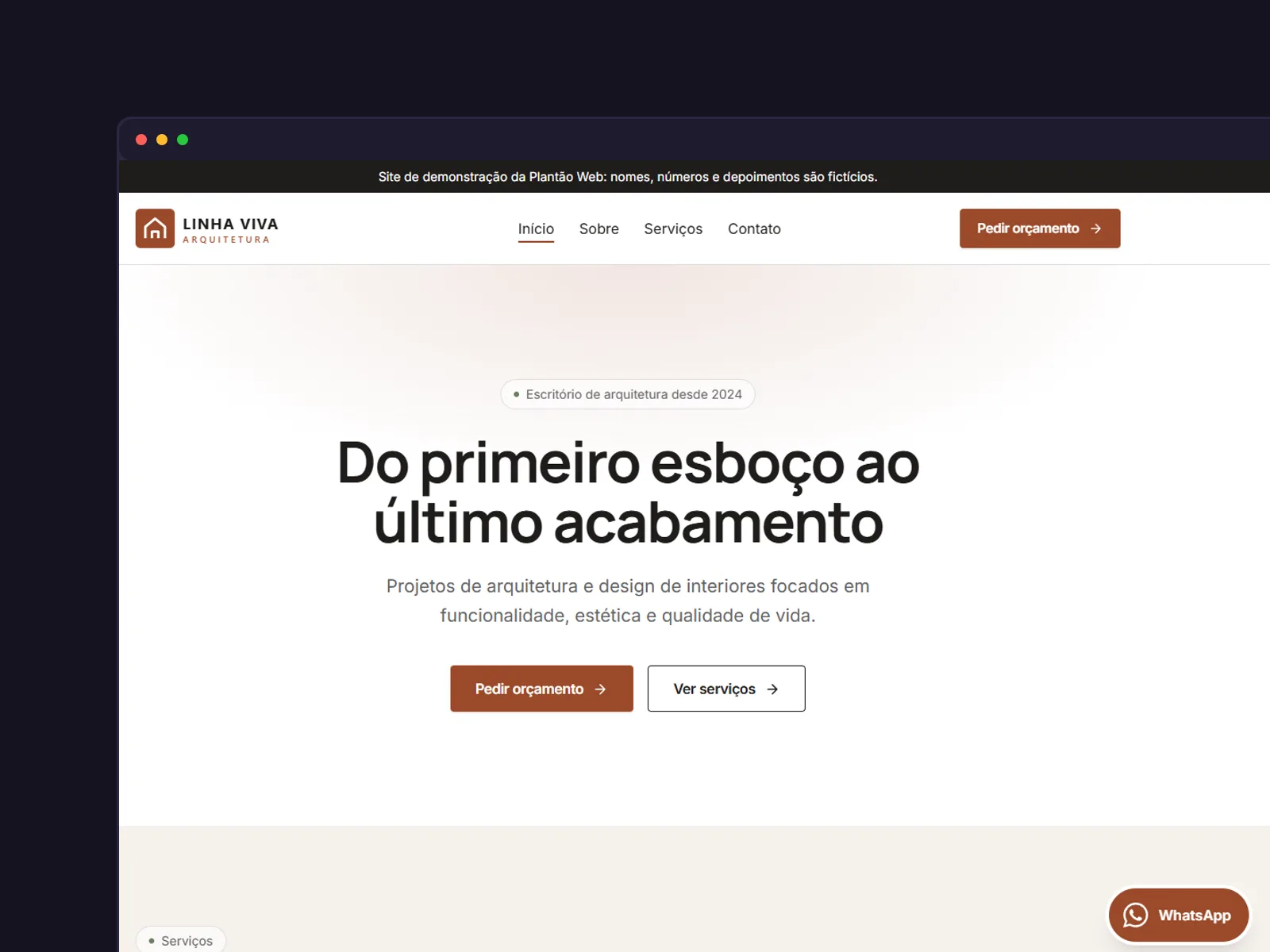 Site de demonstração da Linha Viva Arquitetura, feito com o template da Plantão Web, aberto num navegador