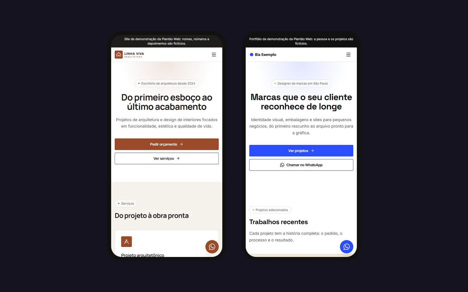 Dois celulares mostrando o site da Linha Viva Arquitetura e um portfólio de demonstração